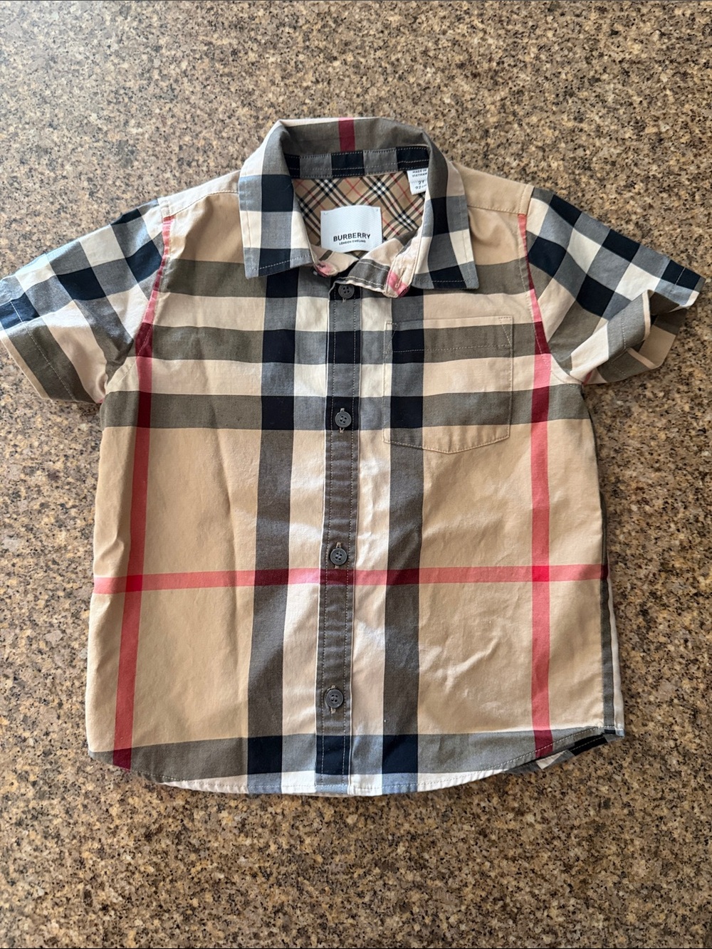 Burberry Beige Plaid Short Sleeve Button-Down Shirt